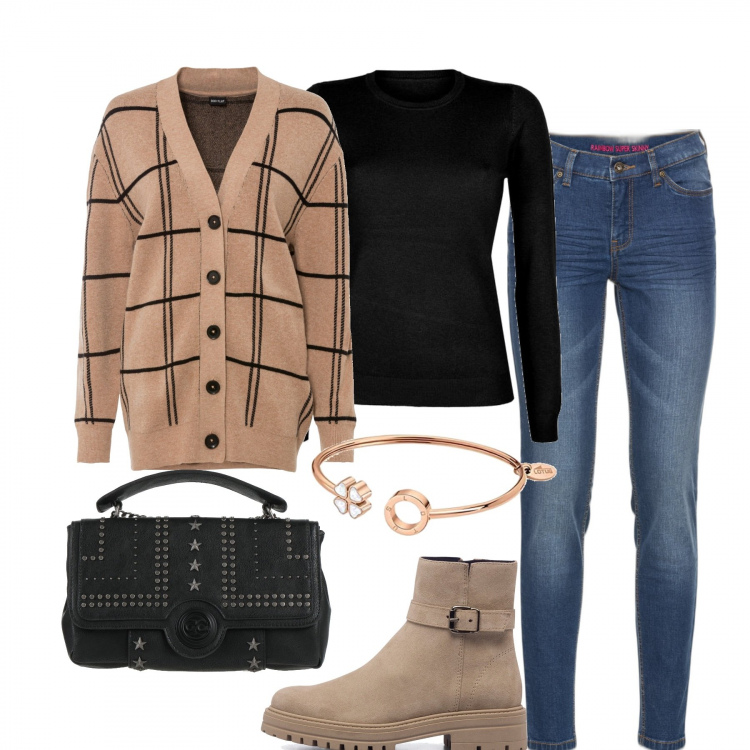 Outfit donna - Il cardigan oversize. Stile Urban per Tutti i giorni. Abbinamento con jeans skinny, cardigans, borse a mano, pullovers, stivaletti, braccialetti.
