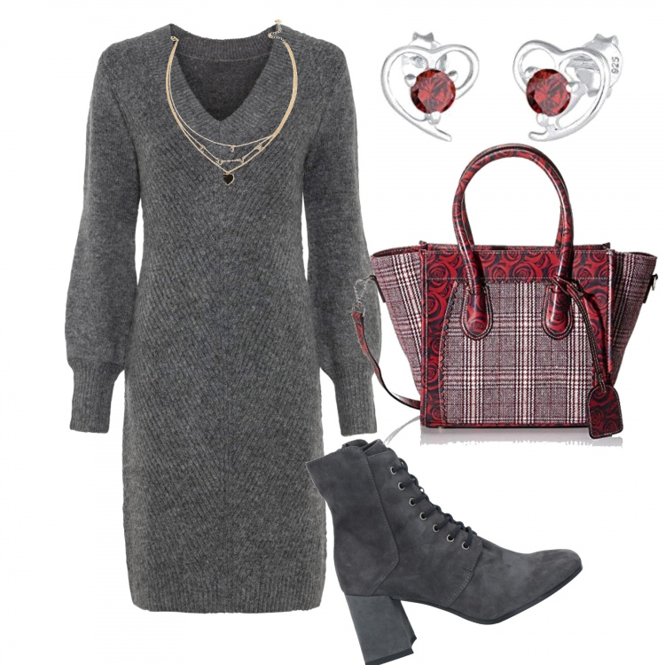 Outfit donna - In ufficio. Stile Casual chic per Ufficio. Abbinamento con vestiti, stivaletti, ciondoli, borse tote, orecchini.