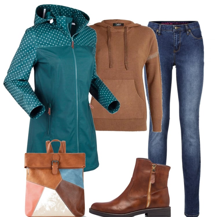 Outfit donna - In città. Stile Casual per Tutti i giorni. Abbinamento con jeans skinny, blazer, zaini, felpe con cappuccio, stivaletti.