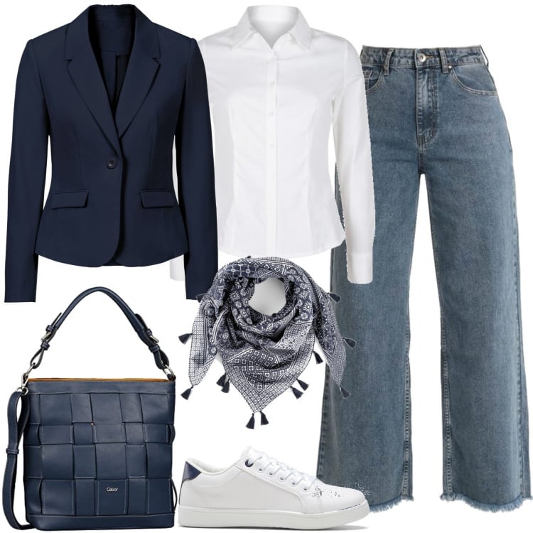 Outfit donna - Must have per settembre. Stile Basic per Tutti i giorni. Abbinamento con blazer, sneakers, foulard, jeans, camicie, borse a spalla.