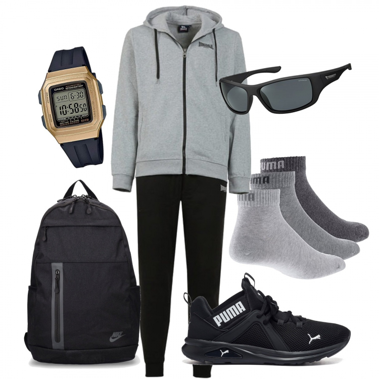 Outfit uomo - Di corsa.... Stile Casual per Sport. Abbinamento con tute sportive, scarpe sportive, calzini, borse sportive, orologi digitali, occhiali da sole.