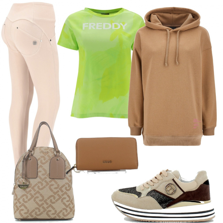 Outfit donna - L\'autunno nei colori. Stile Basic per Tutti i giorni. Abbinamento con pantaloni skinny, felpe con cappuccio, t-shirt, sneakers, zaini, portafogli.