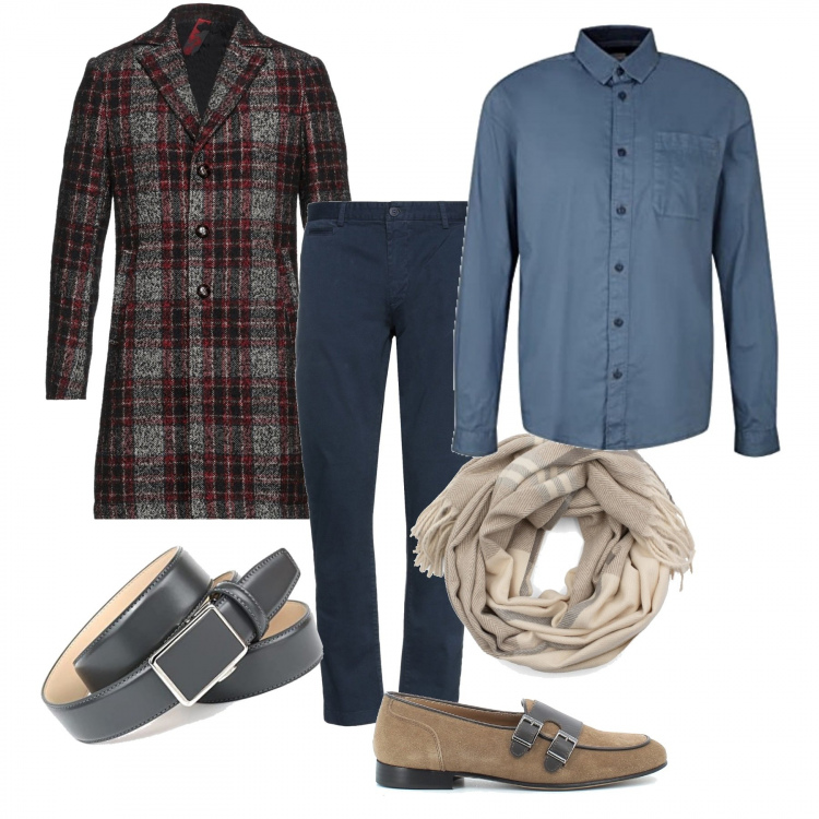 Outfit uomo - Inizia l'autunno. Stile Trendy per Ufficio. Abbinamento con sciarpe, scarpe stringate, pantaloni, cappotti, camicie, cinture.