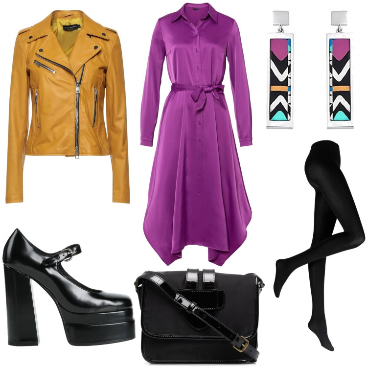 Outfit donna - L\'abito non fa il monaco. Stile Rock per Serata fuori. Abbinamento con collant, vestiti chemisier, giacche, décolleté, borse a spalla, orecchini.