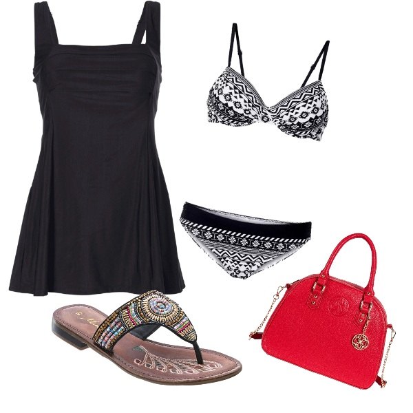 Outfit donna - Basic #12586. Stile Basic per Mare. look ideale per Premaman. Abbinamento con vestiti da spiaggia, bikini fantasia, infradito con perline nero, borsa a tracolla rosso.