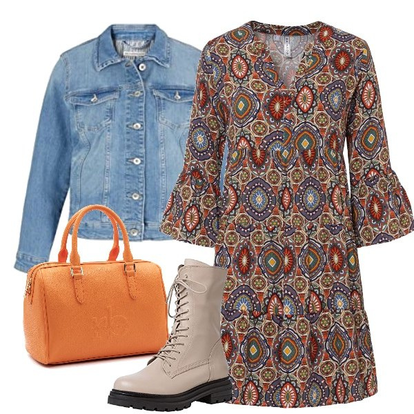 Outfit donna - In anfibi e vestitino. Stile Casual chic per Tutti i giorni. Abbinamento con vestiti corti, borse a mano, stivali, giacche.