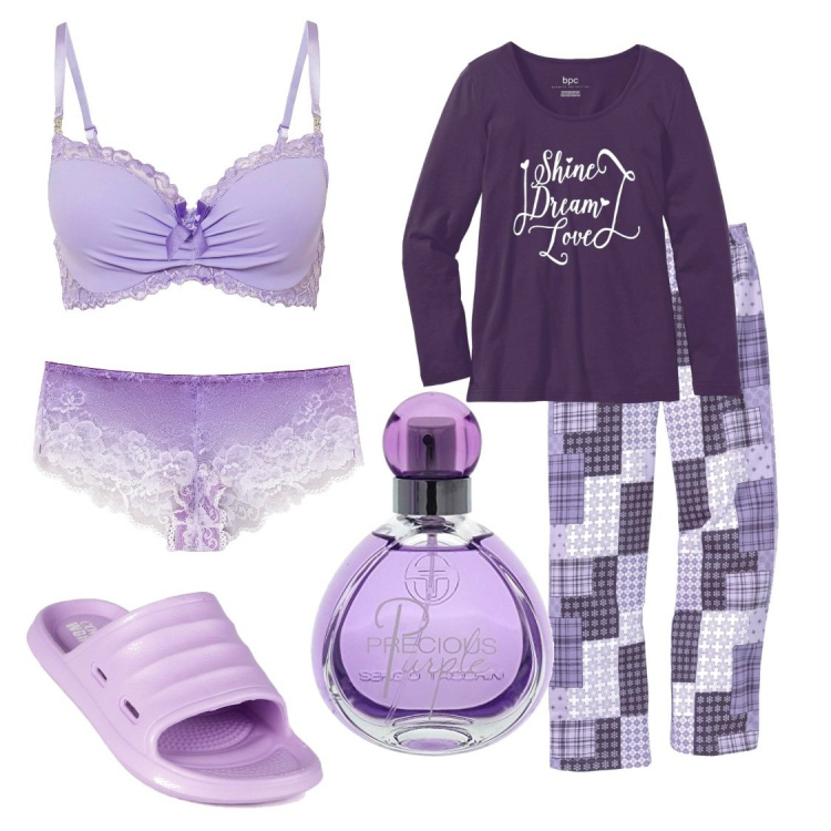 Outfit donna - Buona notte in lilla. Stile Basic per Tutti i giorni. Abbinamento con pigiama, reggiseni, culotte, ciabatte, profumi.
