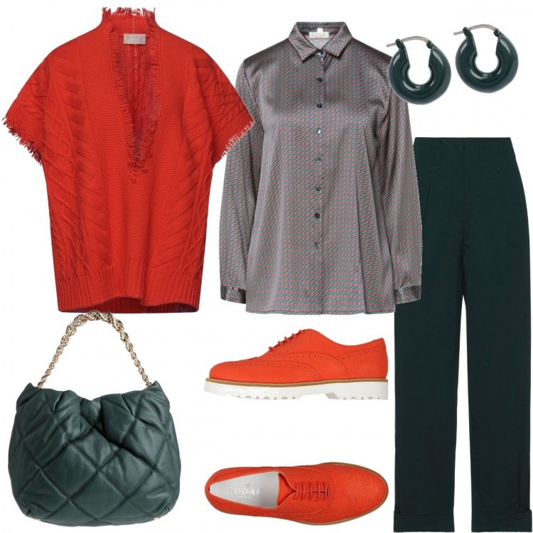 Outfit donna - Al centro commerciale. Stile Casual chic per Tutti i giorni. Abbinamento con scarpe stringate, pullovers, pantaloni, camicie, borse a mano, orecchini.