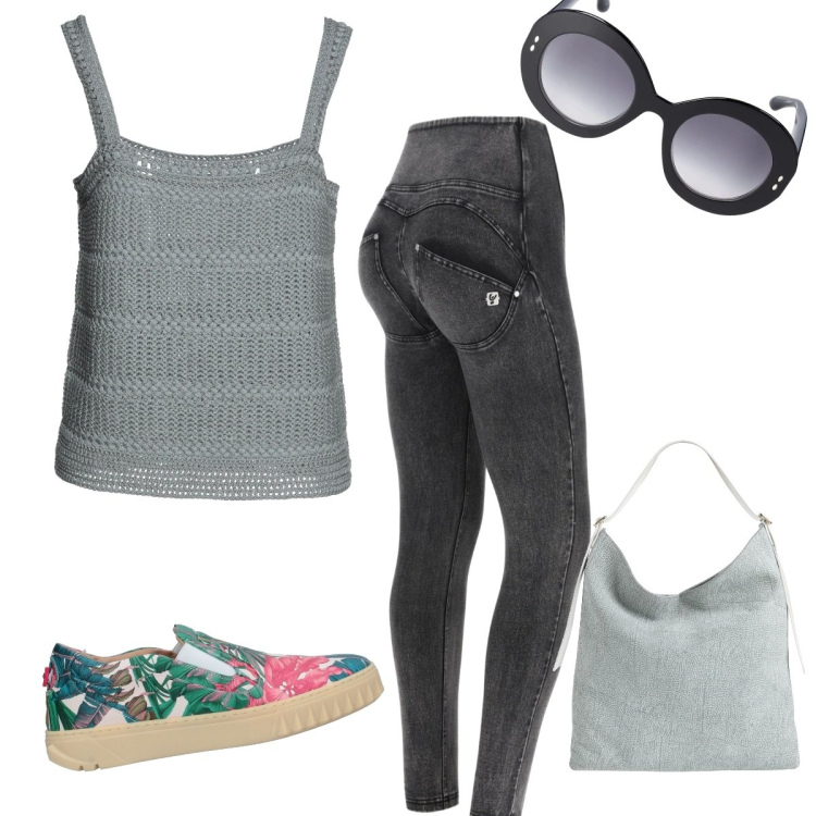 Outfit donna - Verde e grigio. Stile Casual chic per Tutti i giorni. Abbinamento con top, borse a mano, sneakers, jeans skinny, occhiali da sole.