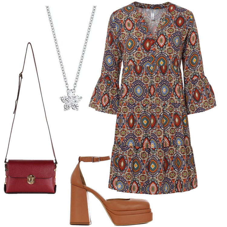 Outfit donna - Con il vestito a fantasia. Stile 70s per Serata fuori. Abbinamento con vestiti corti, borse a tracolla, décolleté, ciondoli.