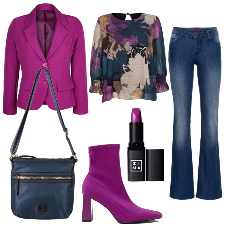 Outfit donna - Blu e ciclamino in ufficio. Stile Casual chic per Ufficio. Abbinamento con jeans bootcut, bluse, blazer, borse a tracolla, scarpe col tacco, rossetti.