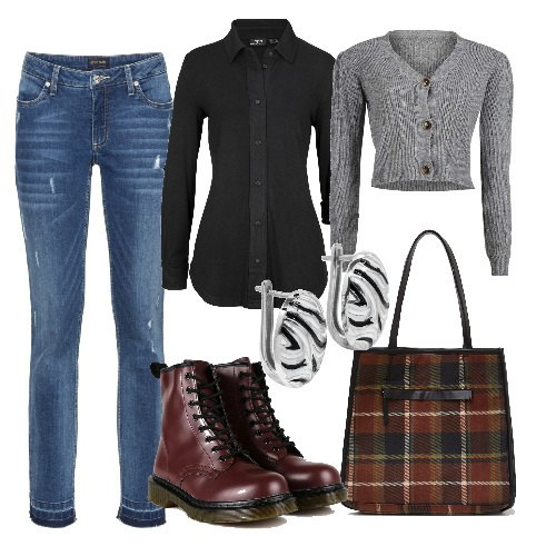 Outfit donna - Ricomincio dagli anfibi. Stile Basic per Ufficio. Abbinamento con camicie, jeans skinny, anfibi, cardigans, shopping bag, orecchini.