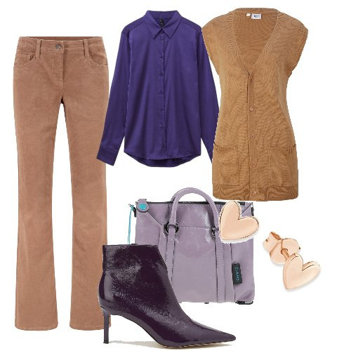 Outfit donna - Viola e tabacco. Stile Casual chic per Tutti i giorni. Abbinamento con pantaloni, gilet, borse a mano, camicie, stivaletti, orecchini.