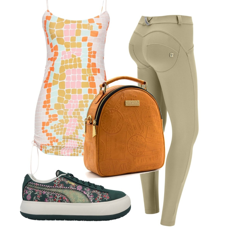 Outfit donna - Top fantasia pantaloni verdi. Stile Casual per Tutti i giorni. Abbinamento con sneakers, top, zaini, pantaloni skinny.