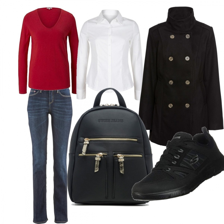 Outfit donna - Il freddo alle porte. Stile Mannish per Tutti i giorni. Abbinamento con jeans dritti, caban, camicie, zaini, pullovers, sneakers.
