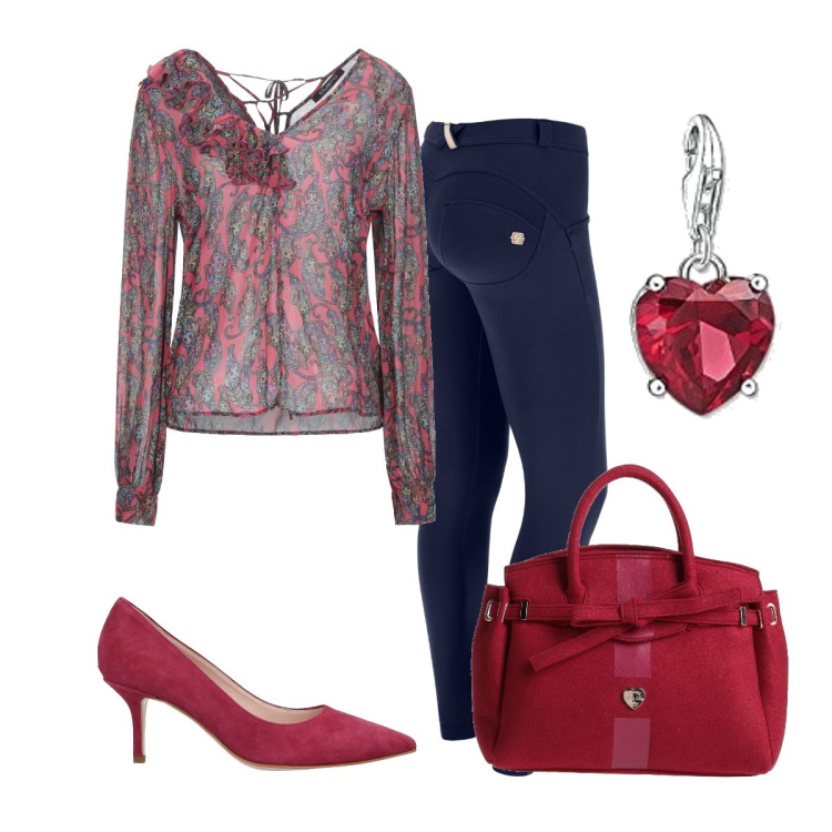 Outfit donna - Total look #1418459. Stile Casual chic per Tutti i giorni. Abbinamento con bluse, borse a mano, décolleté, pantaloni skinny, ciondoli.