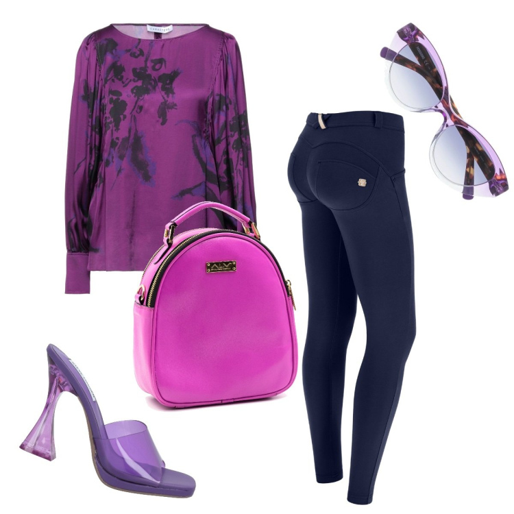 Outfit donna - Viola tono su tono. Stile Bon Ton per Tutti i giorni. Abbinamento con bluse, sandali col tacco, zaini, occhiali da sole, pantaloni skinny.