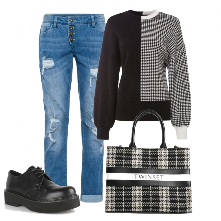 Outfit donna - Zero banalità. Stile Minimal per Tutti i giorni. Abbinamento con jeans boyfriend, maglieria, borse a mano, francesine.