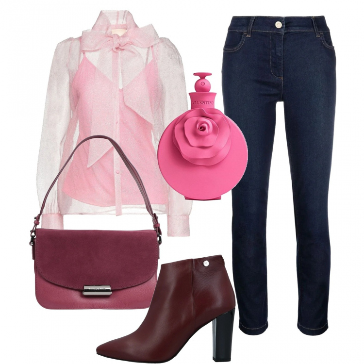 Outfit donna - Rosa. Stile Casual chic per Tutti i giorni. Abbinamento con stivaletti, borse a mano, camicie, jeans skinny, profumi.