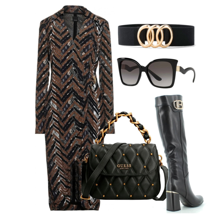 Outfit donna - Chic e trendy. Stile Trendy per Tutti i giorni. Abbinamento con cinture, vestiti midi/longuette, occhiali da sole, stivali sopra il ginocchio, borse a tracolla.