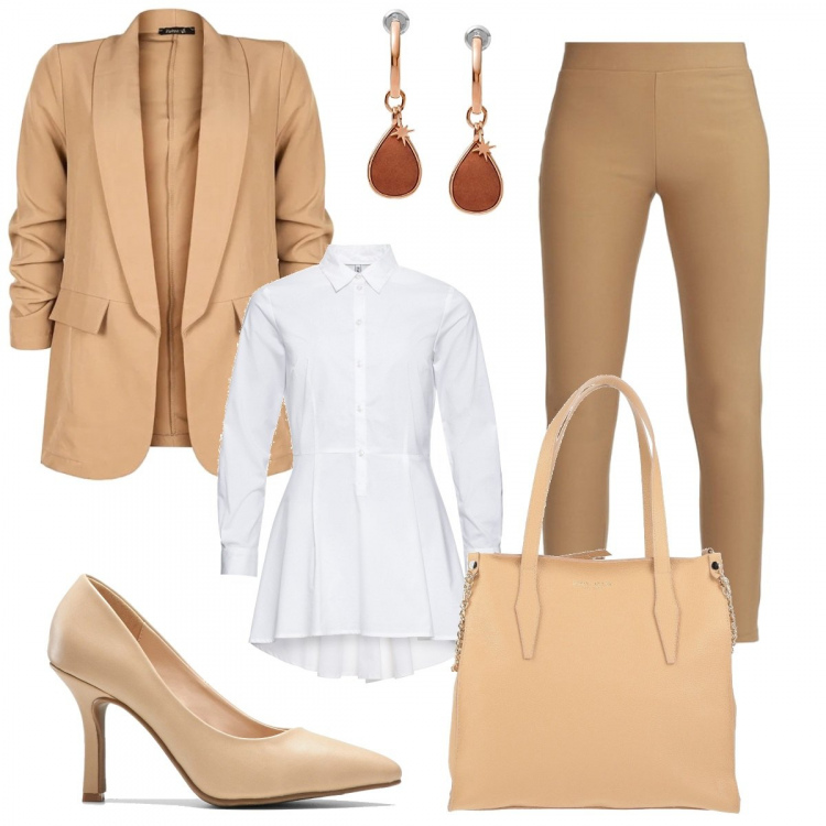 Outfit donna - Plus size. Stile Mannish per Ufficio. Abbinamento con camicie, décolleté, borse a mano, pantaloni skinny, blazer, orecchini.