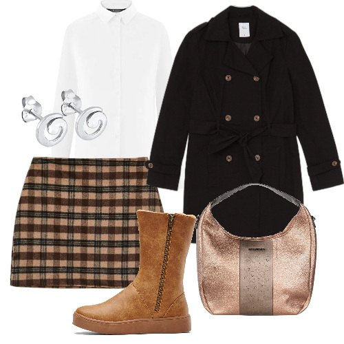 Outfit donna - In mini col trench. Stile Urban per Tutti i giorni. Abbinamento con stivali, borse a spalla, trench, minigonne, camicie, orecchini.