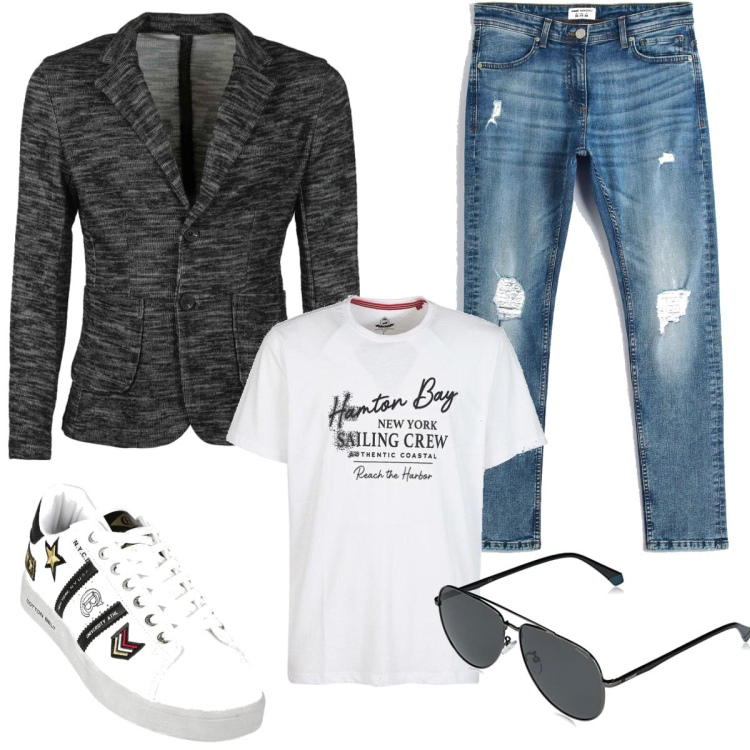 Outfit uomo - Plus size. Stile Casual per Tutti i giorni. Abbinamento con giacche, t-shirt, sneakers, jeans skinny, occhiali da sole.