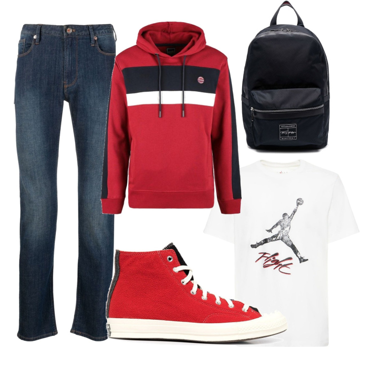 Outfit uomo - Flight. Stile Trendy per Tutti i giorni. Abbinamento con felpe con cappuccio, jeans, borse sportive, sneakers alte, t-shirt.