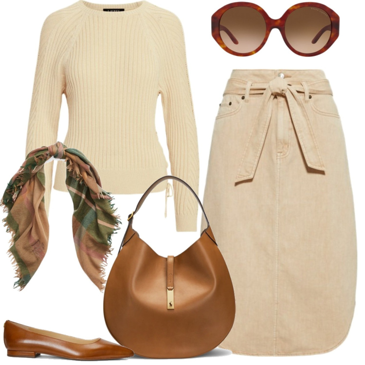Outfit donna - Ralph Lauren. Stile Casual chic per Ufficio. Abbinamento con ballerine, gonne, borse a spalla, maglieria, foulard, occhiali da sole.