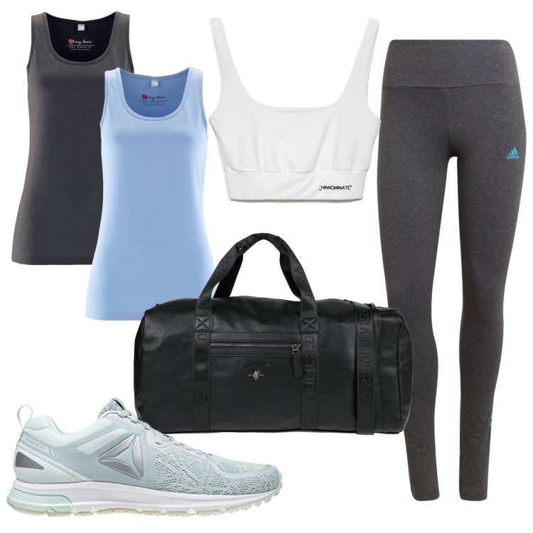 Outfit donna - In movimento. Stile Sporty chic per Sport. Abbinamento con canottiere, borse sportive, top, leggings, scarpe sportive.