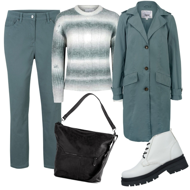 Outfit donna - Comodità tono su tono. Stile Casual chic per Tutti i giorni. Abbinamento con pantaloni, cappotti, borse a tracolla, stivaletti, maglieria.