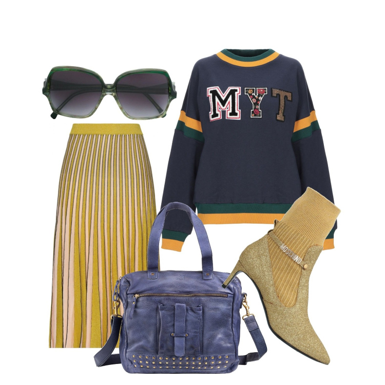 Outfit donna - Tutti i colori che ci posso mettere. Stile Casual chic per Tutti i giorni. Abbinamento con stivaletti, gonne longuette, felpe, borse a spalla, occhiali da sole.