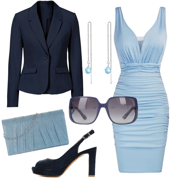 Outfit donna - Cerimonia a settembre low cost. Stile Chic per Cerimonia. Abbinamento con blazer, occhiali da sole, pochette, scarpe col tacco, vestiti senza maniche, orecchini.