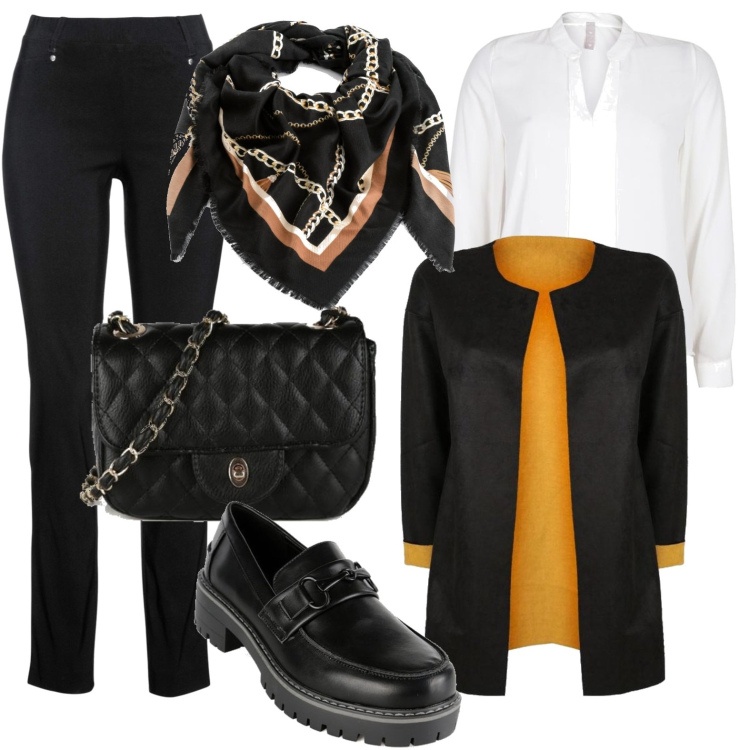 Outfit donna - Giacca bicolore. Stile Casual per Ufficio. Abbinamento con pantaloni, foulard, blazer, mocassini, bluse, borse a mano.