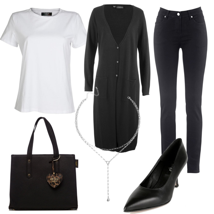 Outfit donna - Cardigan lungo. Stile Casual per Ufficio. Abbinamento con jeans slim fit, cardigans, décolleté, t-shirt, ciondoli, borse a mano.