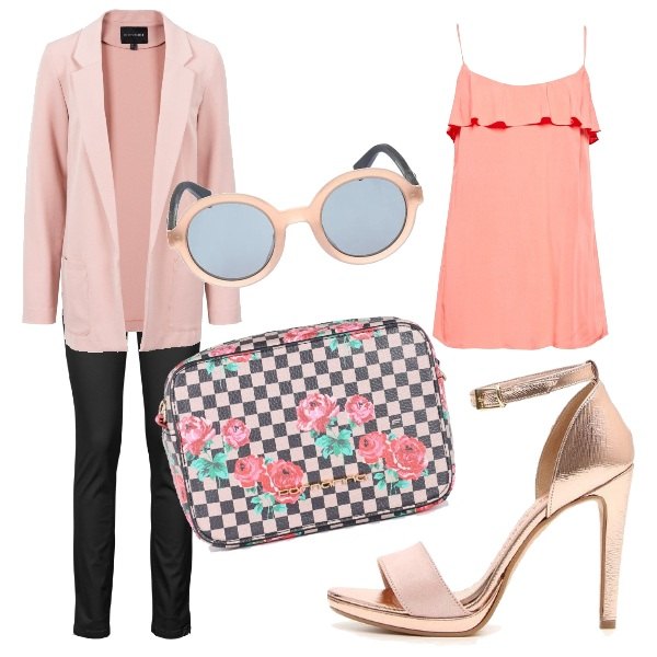 Outfit donna - Handy Warhol\'s B. Celebration. Stile Trendy per Cerimonia. Abbinamento con jeans, blazer, borsa a tracolla, sandali, vestaglia arancione, occhiali da sole lenti scure effetto acetato.