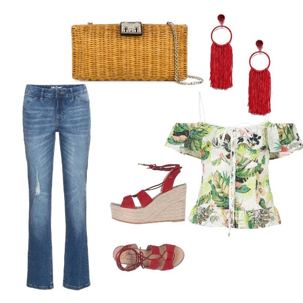 Outfit donna - Trendy #18375. Stile Trendy Abbinamento con jeans elasticizzato blu, espadrillas con zeppe effetto scamosciato con punta tonda tinta unita, camicetta multicolore, clutch forma intrecciata carne, orecchini farfalla con nappine.