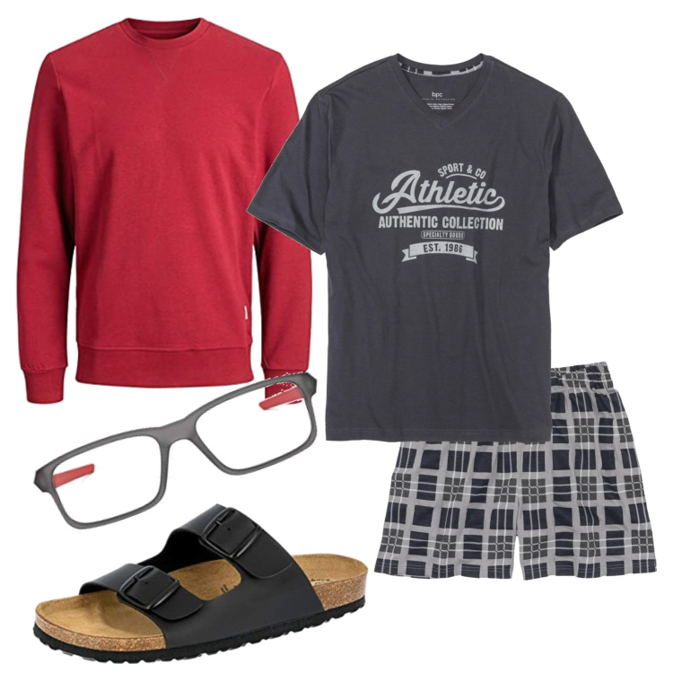 Outfit uomo - In casa. Stile Casual per Tutti i giorni. Abbinamento con abbigliamento da notte, felpe, occhiali da sole, sandali.