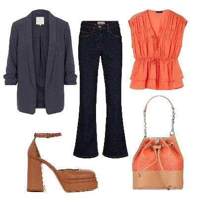 Outfit donna - Bootcut per tutti i giorni. Stile Casual chic per Tutti i giorni. Abbinamento con jeans bootcut, borse a mano, décolleté, bluse, blazer.