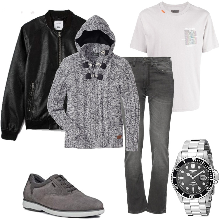 Outfit uomo - Jeans grigio maglione melange giubbotto. Stile Trendy per Cerimonia. Abbinamento con maglieria, jeans slim fit, bomber, t-shirt, orologi, scarpe stringate.