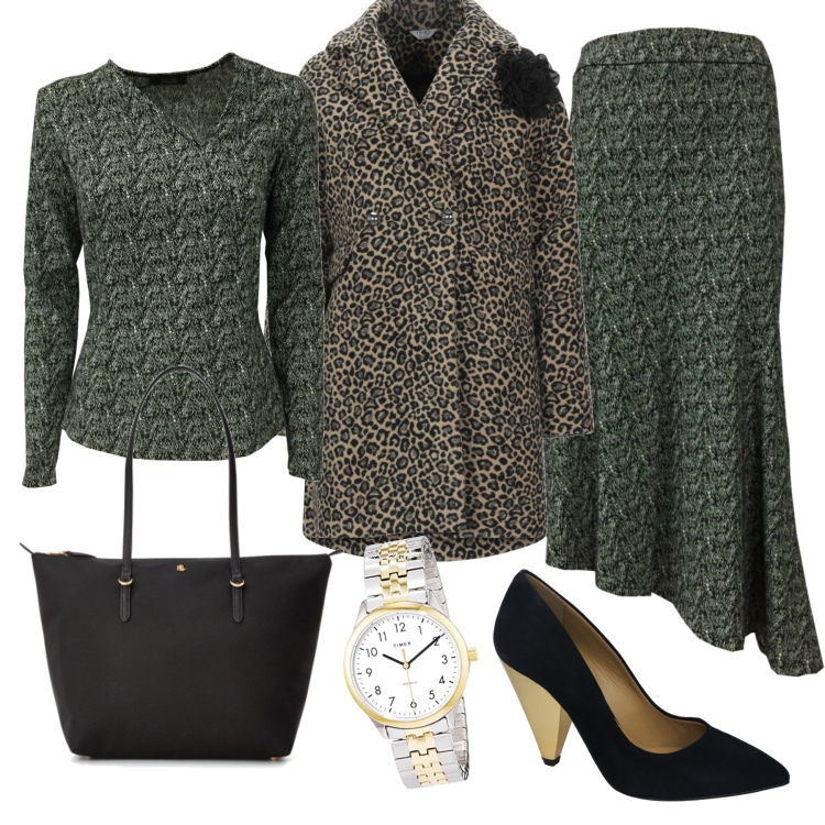 Outfit donna - Completo verde. Stile Bon Ton per Tutti i giorni. Abbinamento con cappotti, gonne, bluse, décolleté, borse tote, orologi.