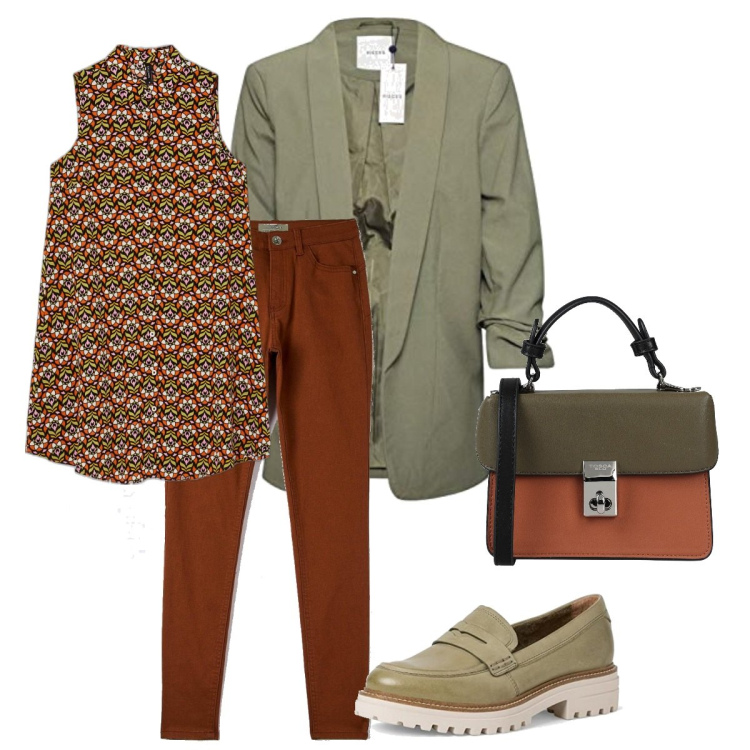 Outfit donna - Bentornato Autunno. Stile Casual chic Abbinamento con borse a mano, pantaloni skinny, camicie, mocassini, blazer.