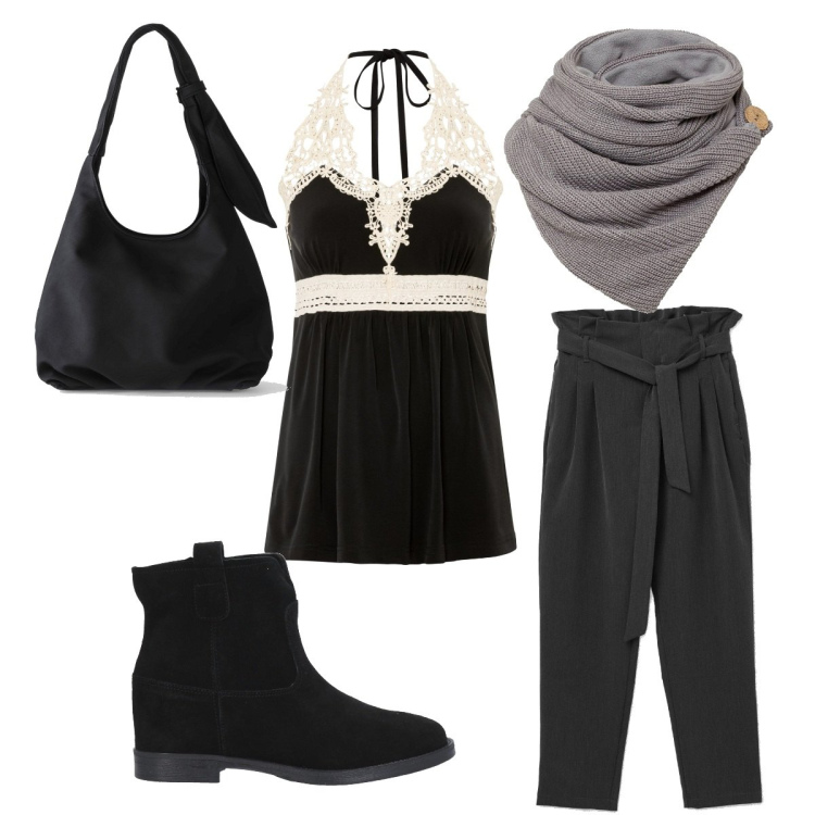 Outfit donna - Total look #1420733. Stile Etnico per Tutti i giorni. Abbinamento con foulard, top, borse a tracolla, stivaletti, pantaloni.