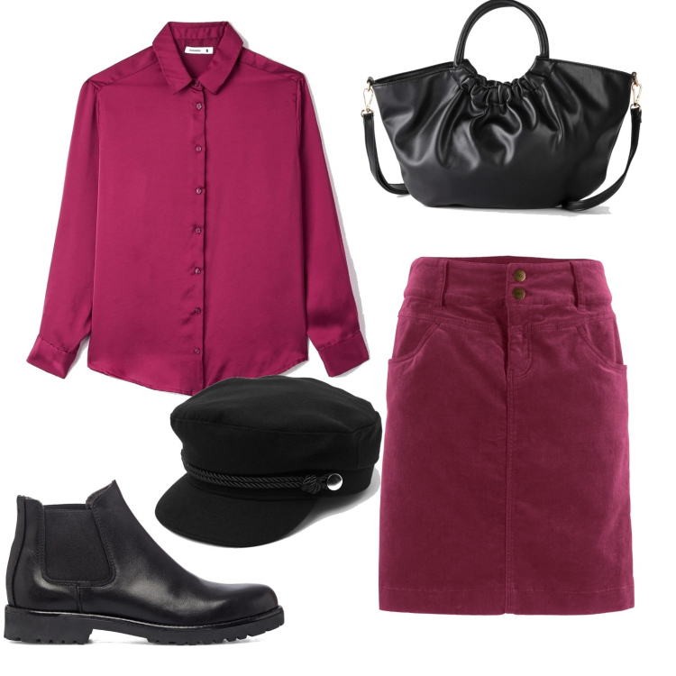 Outfit donna - Camicia e gonna fucsia. Stile Casual chic per Tutti i giorni. Abbinamento con gonne lunghe, borse a mano, camicie, cappelli con visiera, stivaletti.