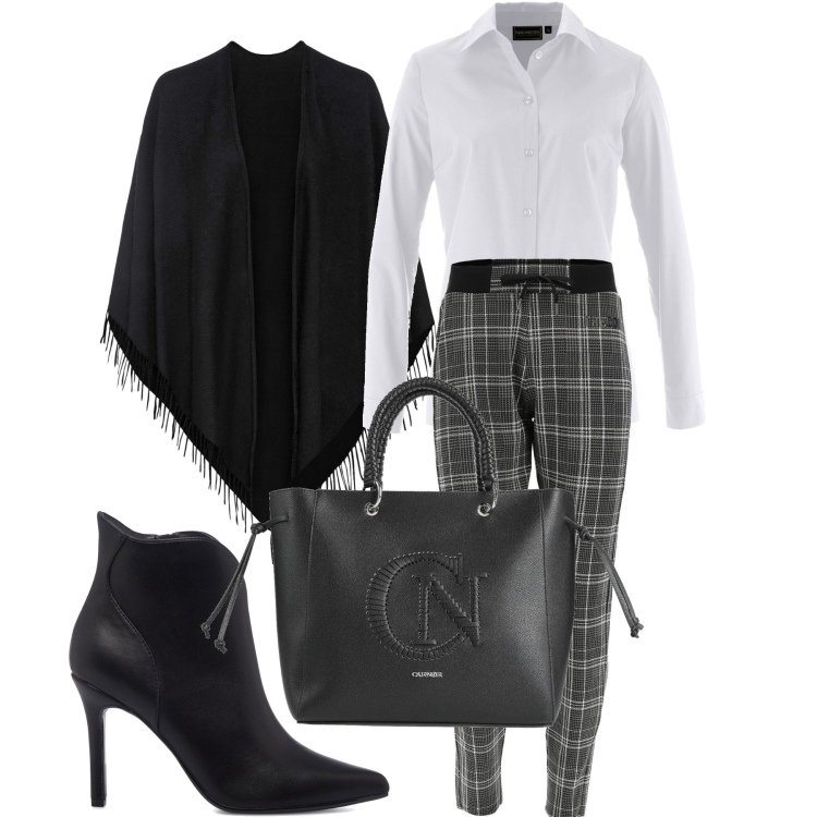 Outfit donna - Mannish col tacco. Stile Mannish per Ufficio. Abbinamento con camicie, cappotti, borse a mano, pantaloni, stivaletti.