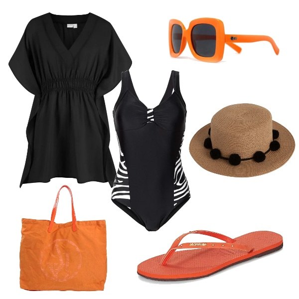 Outfit donna - Curve pericolose. Stile Trendy per Mare. Abbinamento con borsa a mano maxi con stampa effetto vernice doppio manico interno sfoderato in tessuto tecnico tinta unita, costumi interi, tuniche, infradito maxi arancione, occhiali da sole, cappello in paglia nero.