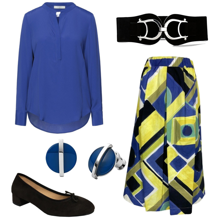 Outfit donna - Comoda con stile. Stile Casual per Tutti i giorni. Abbinamento con cinture, bluse, gonne, ballerine, orecchini.