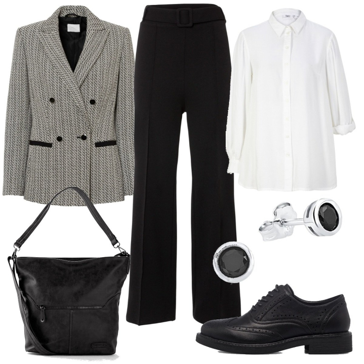 Outfit donna - Classici. Stile Mannish per Ufficio. Abbinamento con borse a tracolla, pantaloni a palazzo, blazer, camicie, scarpe stringate, orecchini.