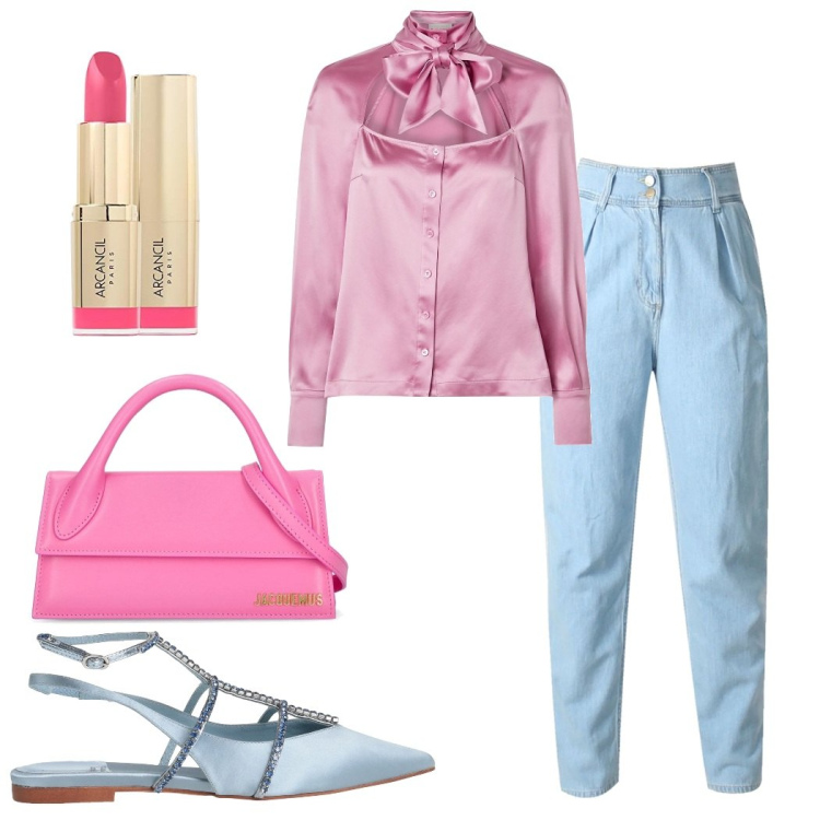 Outfit donna - La camicia rosa. Stile Casual chic per Tutti i giorni. Abbinamento con ballerine, camicie, pantaloni, borse a mano, rossetti.