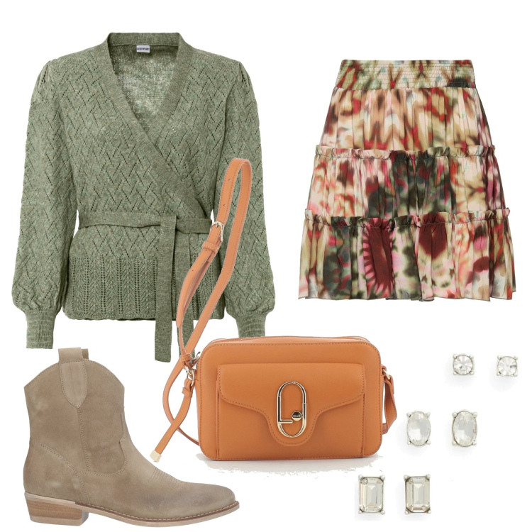 Outfit donna - Verde e balze. Stile Trendy per Tutti i giorni. Abbinamento con maglieria, minigonne, stivaletti, borse a tracolla, orecchini.